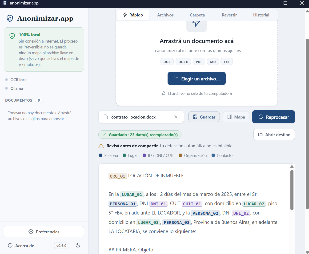 Modo rápido de la app: un documento anonimizado al instante, con el resultado resaltado en pantalla