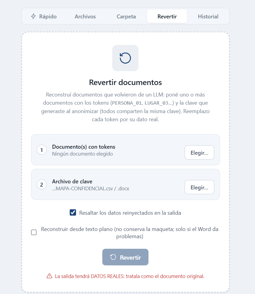 Panel Revertir: documento con etiquetas más el archivo de clave para reconstruir los datos reales