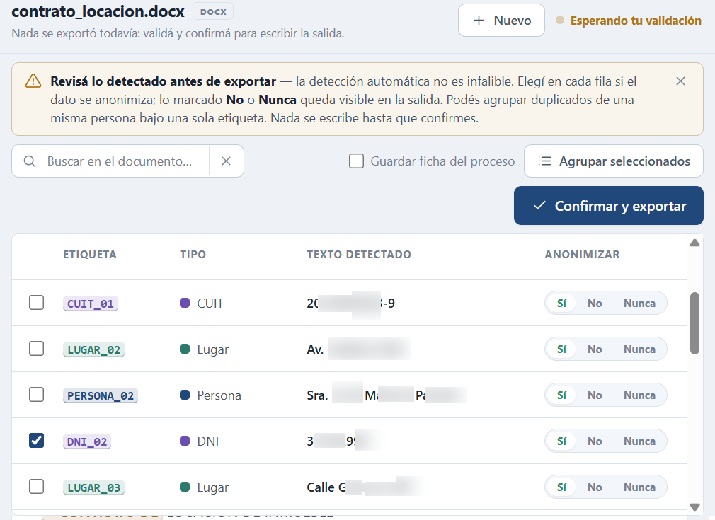 Tabla de validación humana: cada dato detectado con opciones Sí, No o Nunca antes de exportar